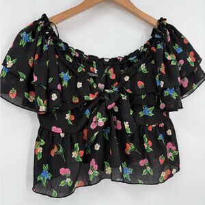 Zara Off Shoulder Fruit & Floral Print Ruffle Chiffon Top | Black/Multi | Medium